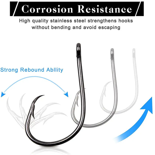 Circle fishing hook with barbed point and closed eye, dark steel finish