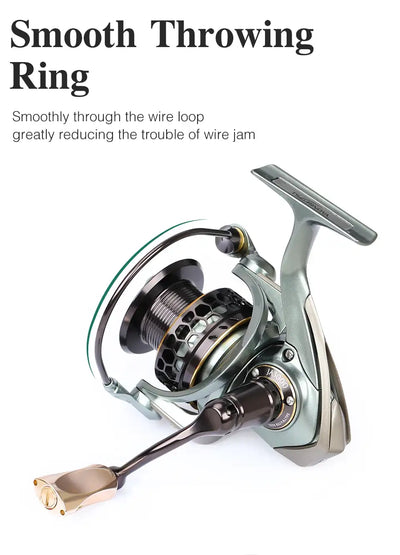 Spinning reel with silver bail and black spooled drum, gold handle knob