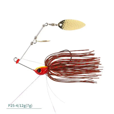 Spinner bait fishing lure with gold speckled blade and red skirt