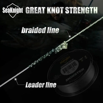 Fishing line bundle showing great knot strength with leader line and braided line