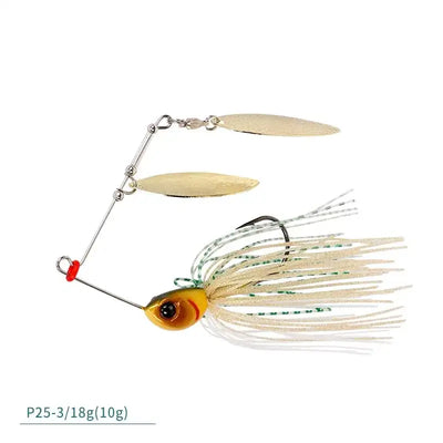 Spinner bait fishing lure with brass blades, silver skirt, and multicolor strands