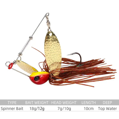 Spinner bait lure with gold blade, red head, and brown skirt with wire spinner