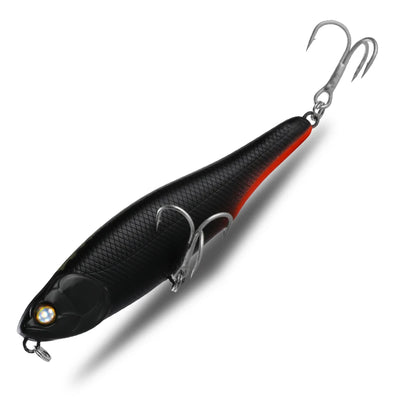 Topwater pencil fishing lure with black body and orange stripe, treble hooks