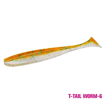 Soft T-tail worm lure, white with orange top and gold glitter speckles