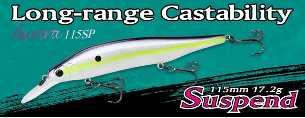 Suspending fishing lure with treble hooks and green-blue finish
