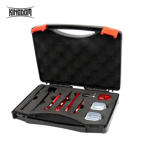 Black tool case with red reel bearing maintenance tools and storage compartments