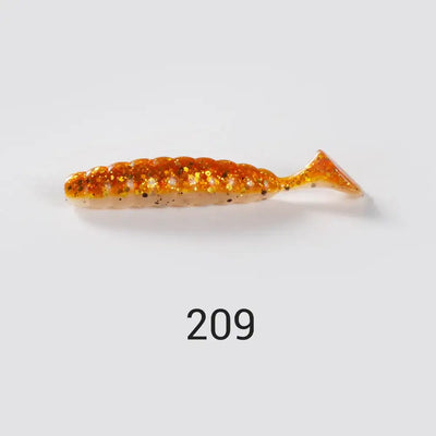 Artificial silicone ribbed grub swimbait, orange gold glitter with textured body and tail fin