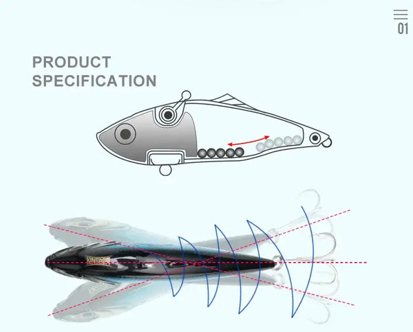 Fishing lure spec diagram with side view body and treble hook arrangement