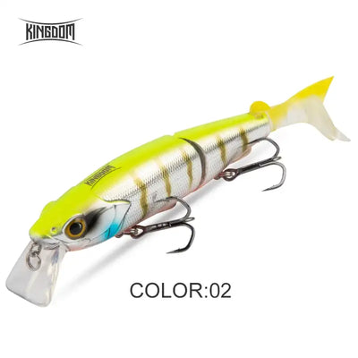 Yellow-and-white floating minnow lure with T-tail and three treble hooks