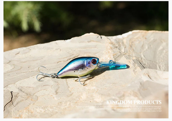 Blue-silver crankbait minnow lure with red eye, lying on a light rock.
