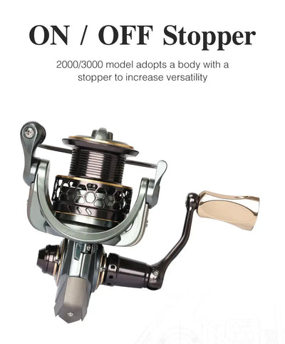 Spinning reel with onboard stop assembly, open spool and tan handle grip