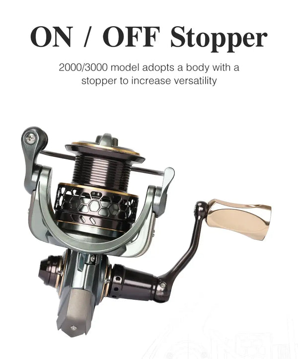 Spinning reel with onboard stop assembly, open spool and tan handle grip