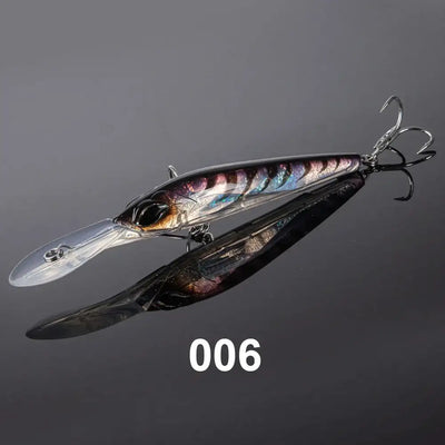 Dark metallic trolling minnow lure with gold highlights and two treble hook sets