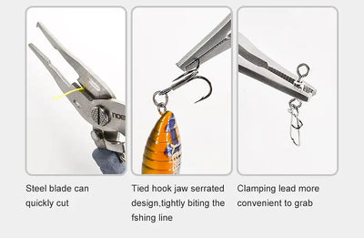 Multi-use fishing pliers shown with clamping and hook jaws, blue handle grips