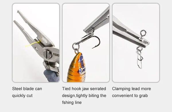 Multi-use fishing pliers shown with clamping and hook jaws, blue handle grips