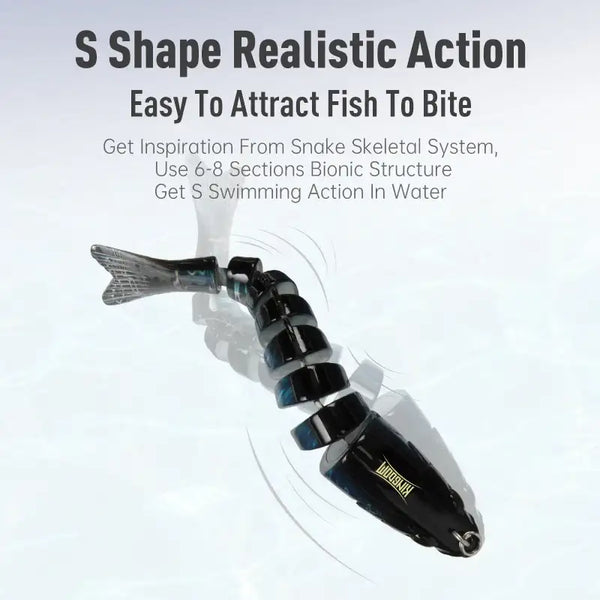 Multi-jointed hard fishing lure, dark body with blue accents and treble hooks