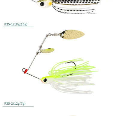 Spinner bait lure with gold spinner blade and neon green skirt strands, light head