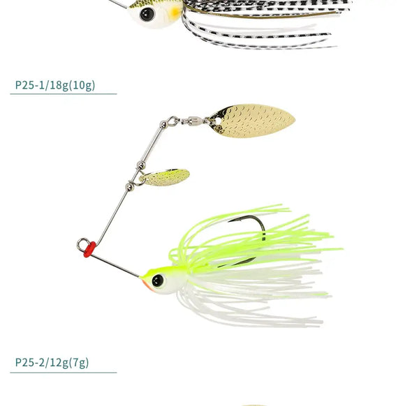 Spinner bait lure with gold spinner blade and neon green skirt strands, light head
