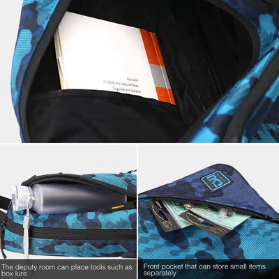 Blue camouflage tackle bag open interior with mesh pocket and lure compartment storage