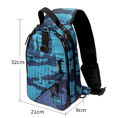 Blue camouflage fishing tackle shoulder bag, approx 32x21x9 cm, black shoulder strap
