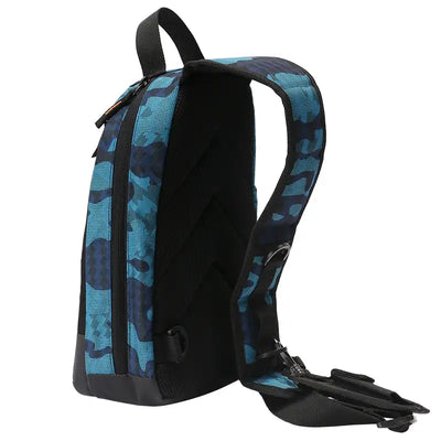 Blue camouflage fishing tackle bag with side carry handle and adjustable shoulder strap