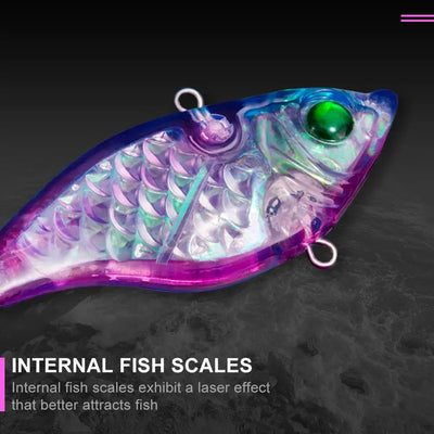 Close-up transparent spinner fishing lure with internal fish-scale pattern and 3D eye.