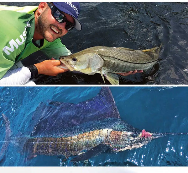 Angler holding a fish on a line, wearing a Mustad cap over water