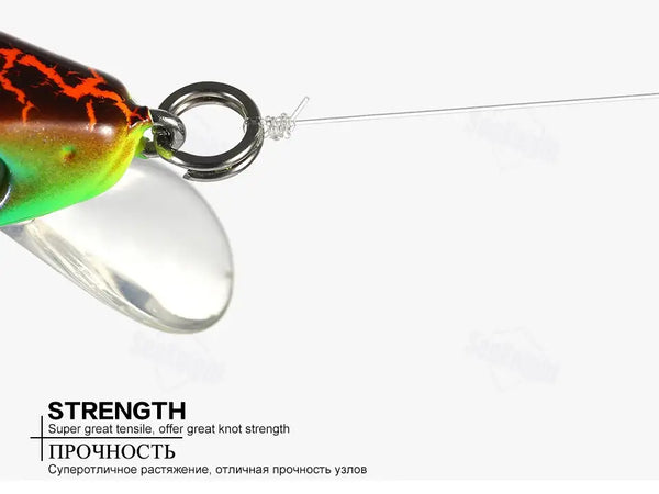 Fishing line with lure and ring, fluorocarbon strength text visible on packaging