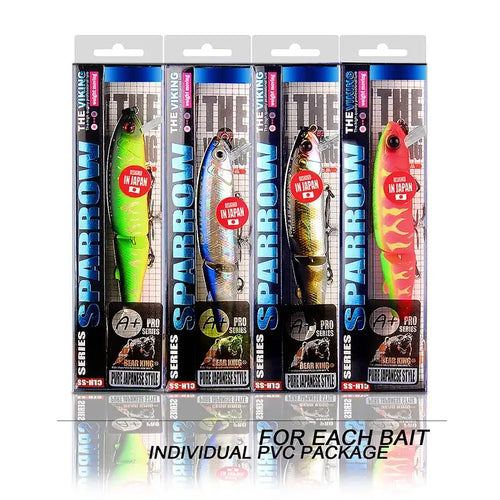Swimbait lure blister packs on display, multiple colors with hanging hooks