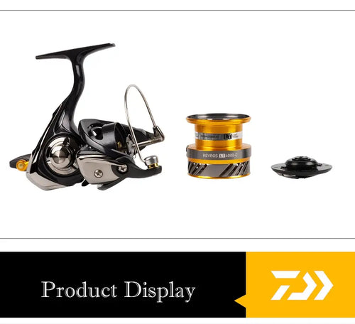 Spinning reel with black frame, gold spool, and included spare spool cap