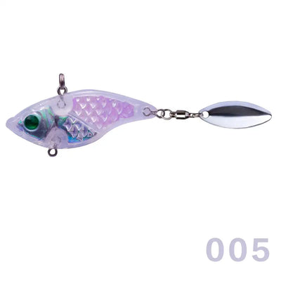 Transparent purple hard fishing lure spinner with 3D eyes and silver tail blade