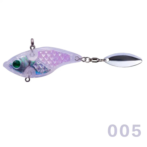 Transparent purple hard fishing lure spinner with 3D eyes and silver tail blade