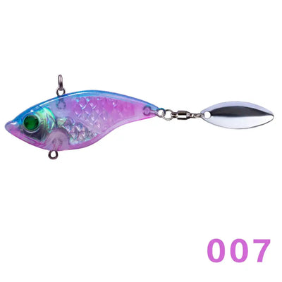 Transparent blue hard fishing lure spinner with 3D eyes and silver tail blade