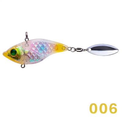 Transparent iridescent hard fishing lure spinner with 3D eyes and silver tail blade