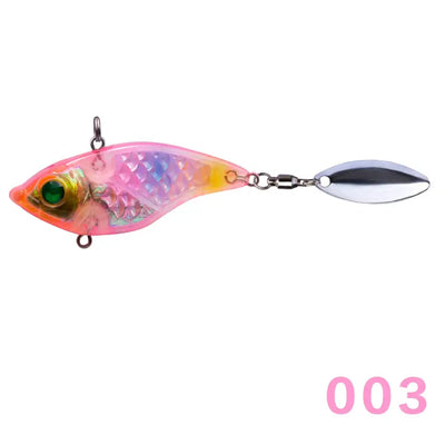 Transparent pink hard fishing lure spinner with 3D eyes and silver tail blade