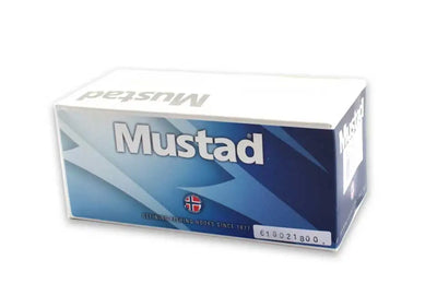 Mustad fishing hooks retail box with blue branded design