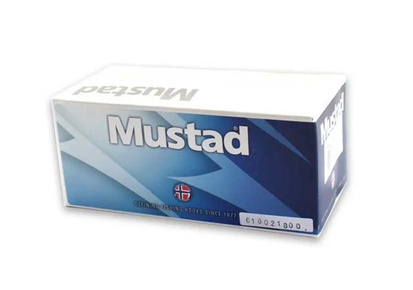 Mustad fishing hooks retail box with blue branded design