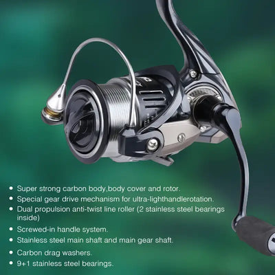 Spinning reel with metal frame, black rotor, and curved handle grip