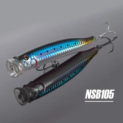 Two topwater feed popper lures, blue holographic stripes, treble hooks, NSB105
