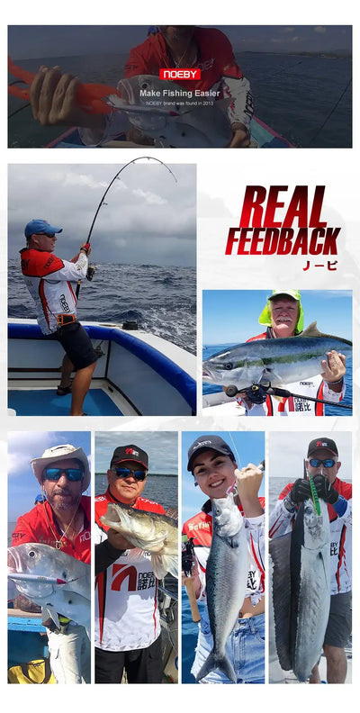 Fishing lure promotion with anglers holding saltwater rods and Noeby branding