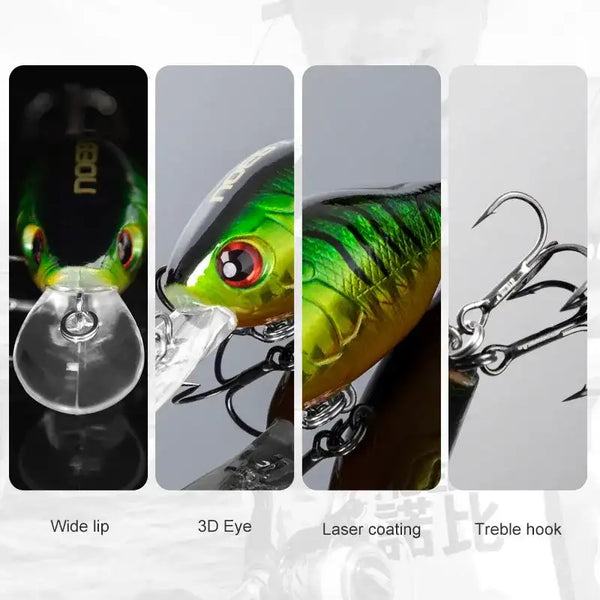 Crankbait lure detail set: wide lip, 3D eye, laser coating, treble hook