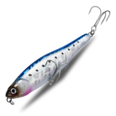 Topwater pencil lure with blue-white body, speckled back, and two treble hooks