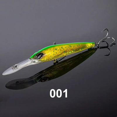Yellow-green trolling minnow lure with 3D eye and two treble hook sets