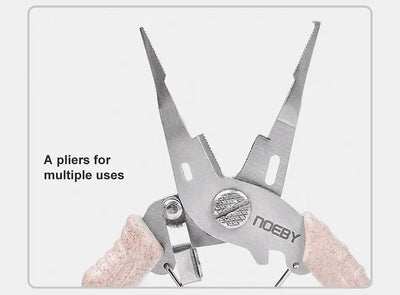 Stainless steel multi-tool pliers head with serrated jaws and blue handle grips