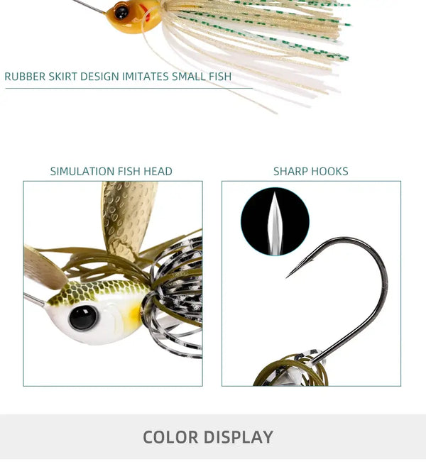 Spinner bait close-up with gold blade, black-and-white skirt, and steel hook