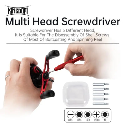 Red multi-head screwdriver tool with hex bits for baitcasting and spinning reel screws