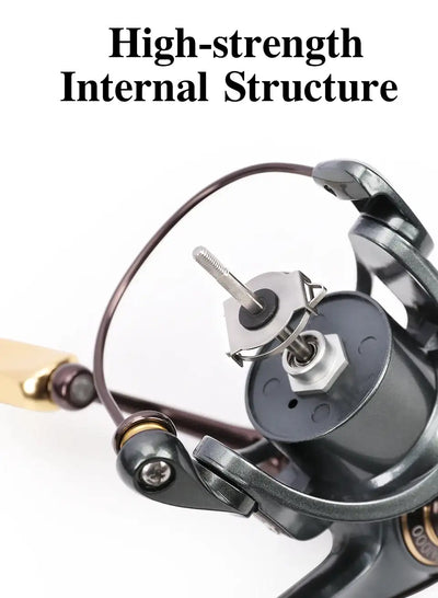 Spinning reel front with visible internal spool components and metal drag knob