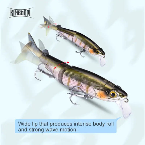 Two jointed minnow lures with green-gold bodies and orange accents, clear lip, treble hooks