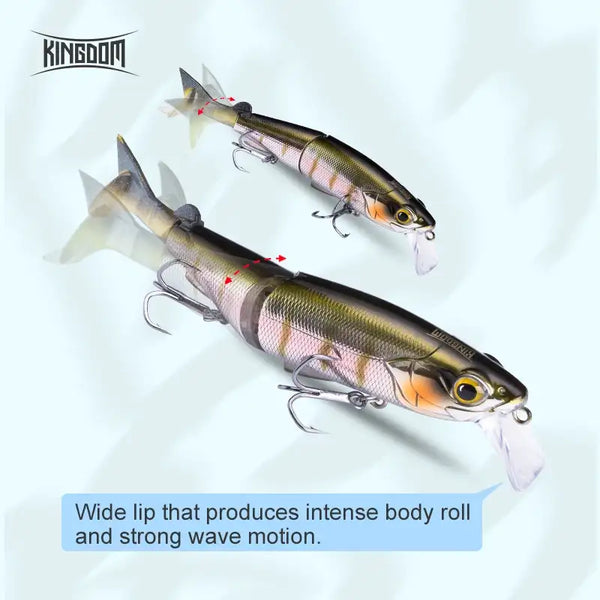 Two jointed minnow lures with green-gold bodies and orange accents, clear lip, treble hooks