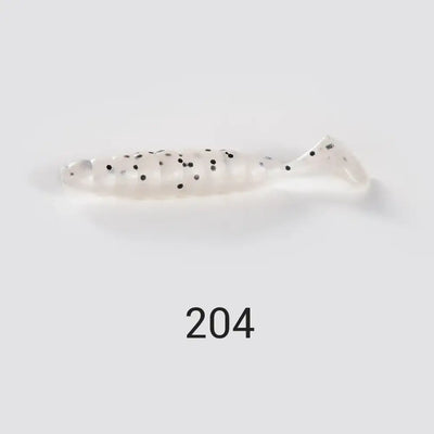 Ribbed silicone swimbait lure in white with black speckles, marked 204